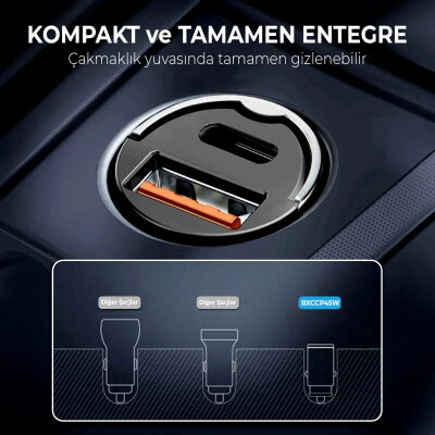 Bix 45W Type-C PD ve USB-A QC 3.0 18W Çift Çıkışlı Mini Metal Araç Şarj Cihazı Siyah - 7