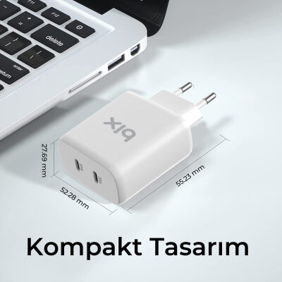 Bix 50W USB-C Çift Portlu Hızlı Şarj Adaptörü iPhone, Android ve iPad Uyumlu Type-C PD Şarj Aleti - 8