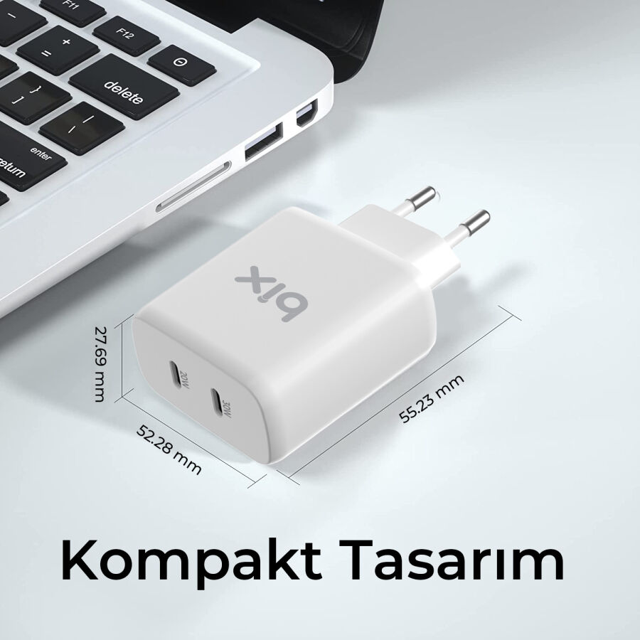 Bix 50W USB-C Çift Portlu Hızlı Şarj Adaptörü iPhone, Android ve iPad Uyumlu Type-C PD Şarj Aleti - 8