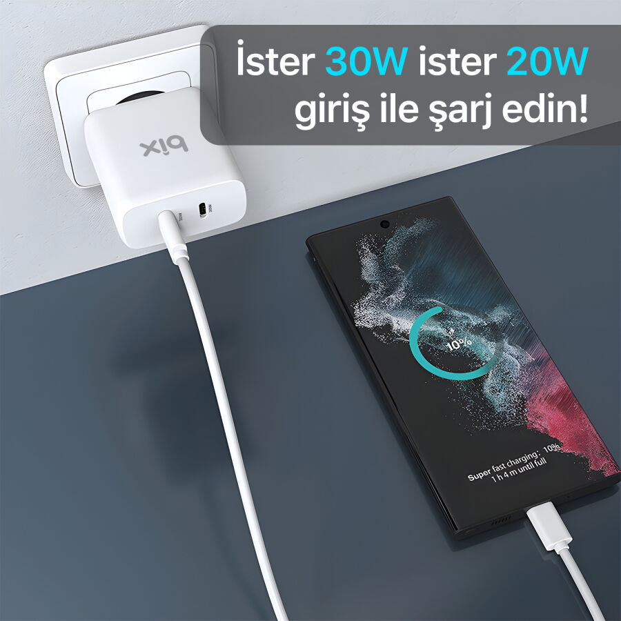 Bix 50W USB-C Çift Portlu Hızlı Şarj Adaptörü iPhone, Android ve iPad Uyumlu Type-C PD Şarj Aleti - 7