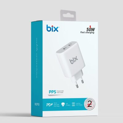 Bix 50W USB-C Çift Portlu Hızlı Şarj Adaptörü iPhone, Android ve iPad Uyumlu Type-C PD Şarj Aleti - 9