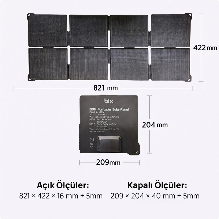 Bix 60W Katlanabilir Taşınabilir Güneş Paneli IP67 Suya Dayanıklı USB-A USB-C ve DC Çıkışlı Power Station Uyumlu Kamp Karavan Outdoor Solar Şarj Paneli - 6