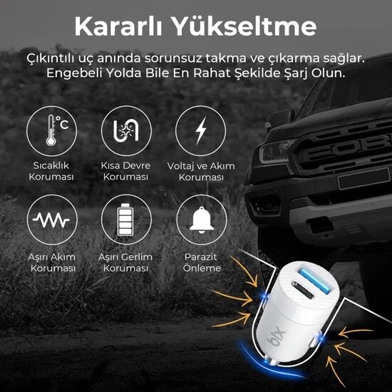 Bix 65W Type-C PD 3.0 ve USB-A Çift Portlu Araç içi Hızlı Şarj Cihazı Beyaz - 3