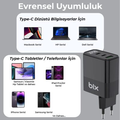 Bix 65W USB Type-C QC 4.0 PD 3.0 LED Göstergeli Gan 3 Portlu Hızlı Şarj Cihazı - 4