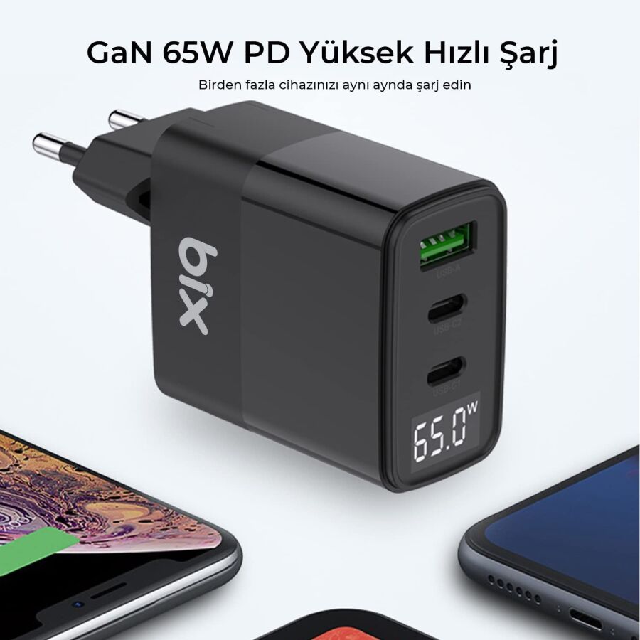 Bix 65W USB Type-C QC 4.0 PD 3.0 LED Göstergeli Gan 3 Portlu Hızlı Şarj Cihazı - 5