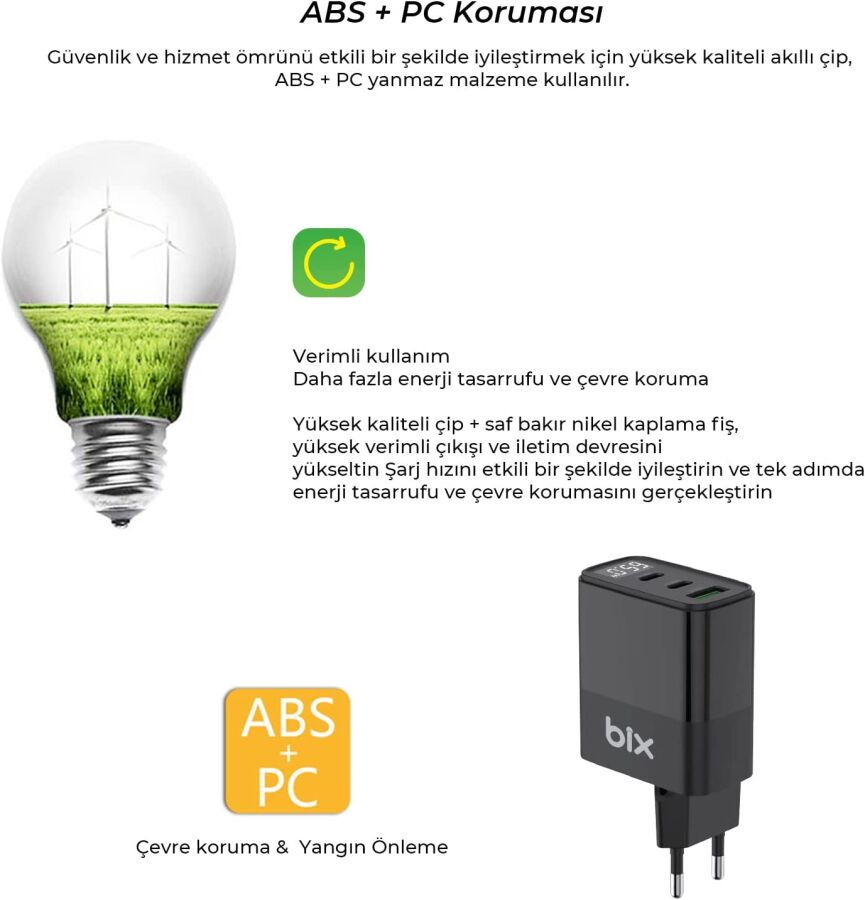 Bix 65W USB Type-C QC 4.0 PD 3.0 LED Göstergeli Gan 3 Portlu Hızlı Şarj Cihazı - 3