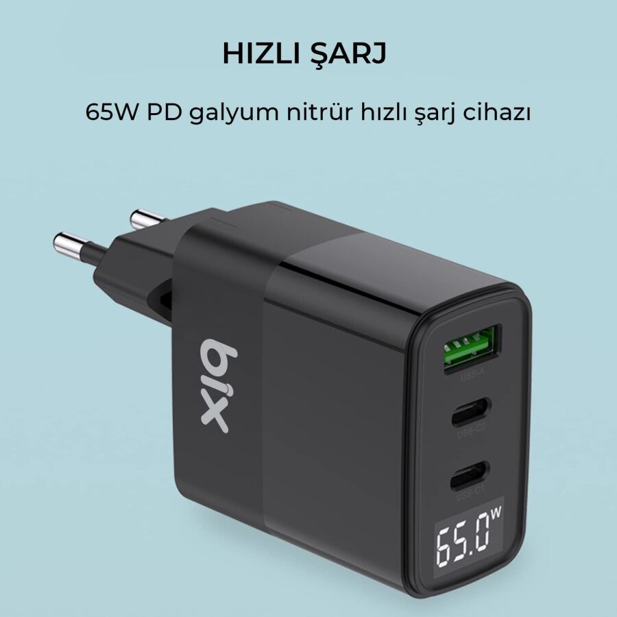 Bix 65W USB Type-C QC 4.0 PD 3.0 LED Göstergeli Gan 3 Portlu Hızlı Şarj Cihazı - 2