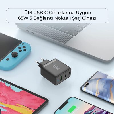 Bix 65W USB Type-C QC 4.0 PD GaN 3 Portlu Hızlı Şarj Cihazı - 2