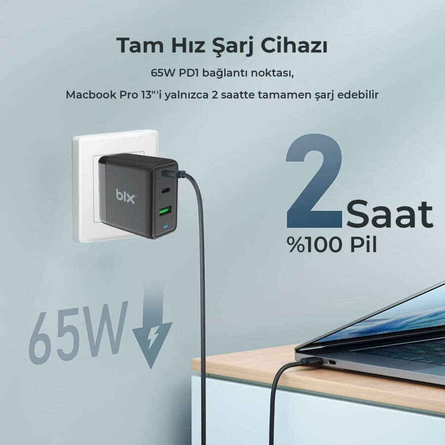 Bix 65W USB Type-C QC 4.0 PD GaN 3 Portlu Hızlı Şarj Cihazı - 4
