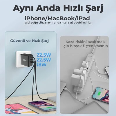 Bix 65W USB Type-C QC 4.0 PD GaN 3 Portlu Hızlı Şarj Cihazı - 5
