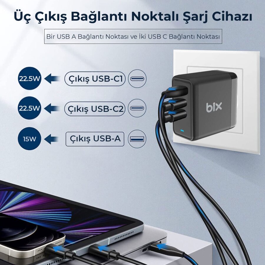 Bix 65W USB Type-C QC 4.0 PD GaN 3 Portlu Hızlı Şarj Cihazı - 6