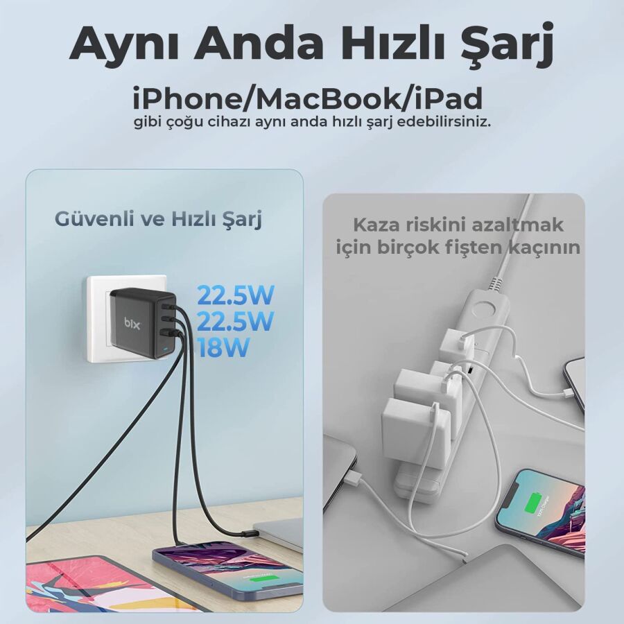 Bix 65W USB Type-C QC 4.0 PD GaN 3 Portlu Hızlı Şarj Cihazı - 5