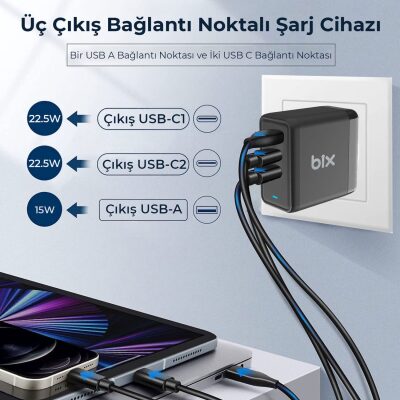 Bix 65W USB Type-C QC 4.0 PD GaN 3 Portlu Hızlı Şarj Cihazı - 6