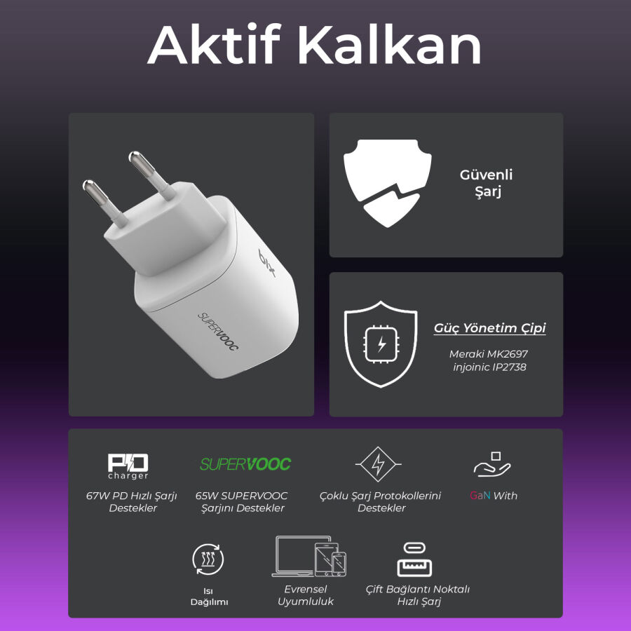 Bix 67W SuperVooc 2.0 GaN USB ve Type-C PD Hızlı Şarj Cihazı - 9