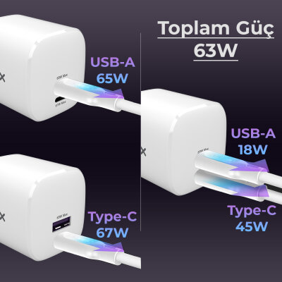 Bix 67W SuperVooc 2.0 GaN USB ve Type-C PD Hızlı Şarj Cihazı - 8