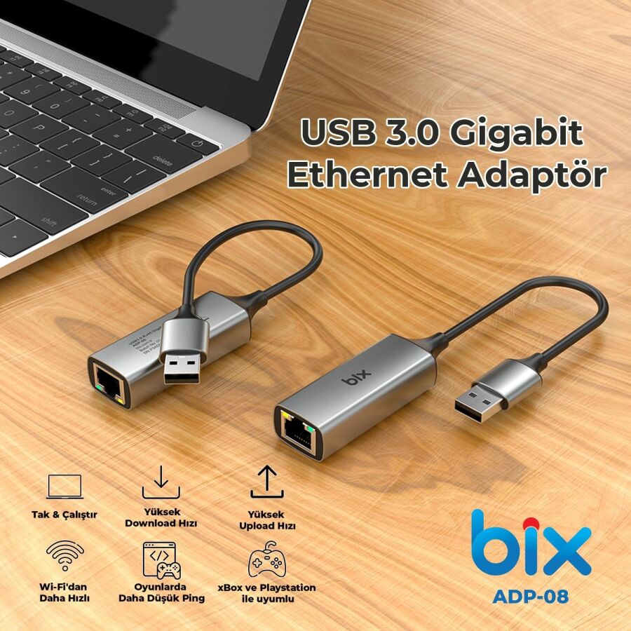 Bix ADP-08 USB 3.0 Gigabit Ethernet Dönüştürücü Adaptör - 6