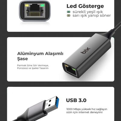 Bix ADP-08 USB 3.0 Gigabit Ethernet Dönüştürücü Adaptör - 4