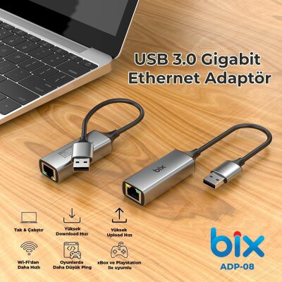 Bix ADP-08 USB 3.0 Gigabit Ethernet Dönüştürücü Adaptör - 6
