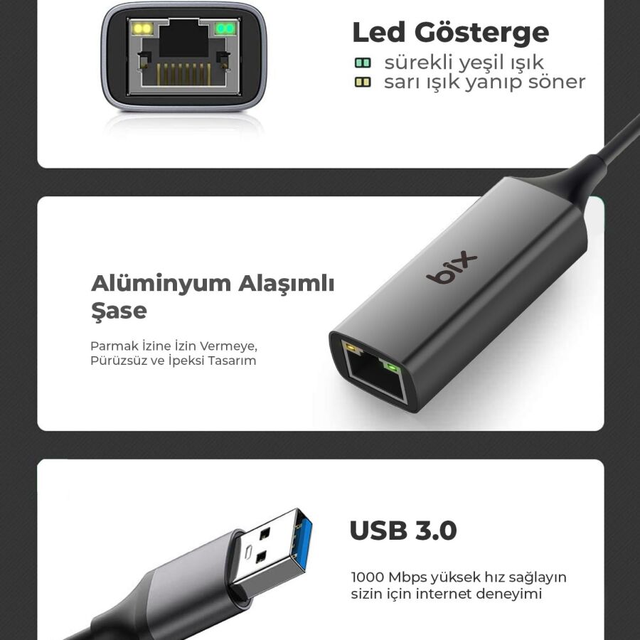 Bix ADP-08 USB 3.0 Gigabit Ethernet Dönüştürücü Adaptör - 4