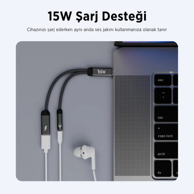 Bix ADP-12 Type-C to 3.5mm Kulaklık ve 15W Type-C Şarj Adaptörü - 3