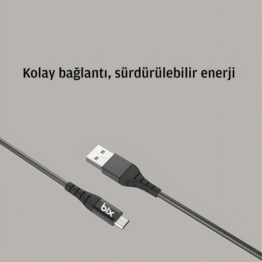 Bix Android İçin Ultra Güçlendirilmiş Micro USB Şarj Kablosu Siyah - 3