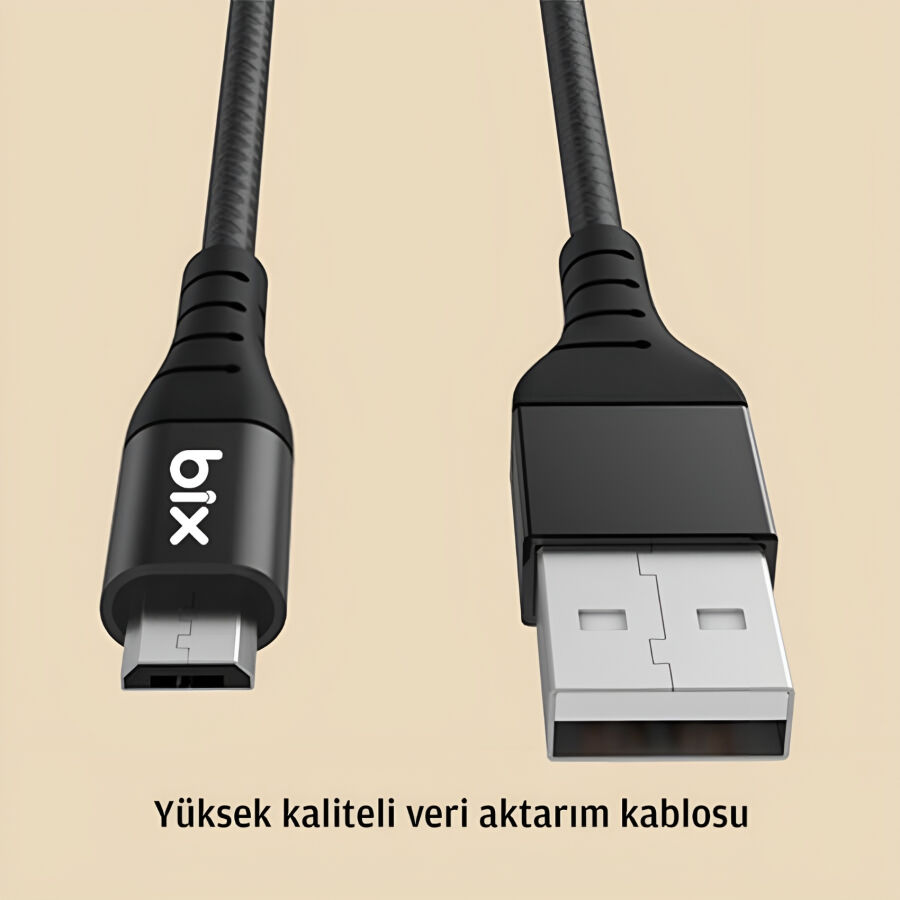 Bix Android İçin Ultra Güçlendirilmiş Micro USB Şarj Kablosu Siyah - 5