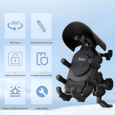 Bix BMPH05 Ayna Bağlantılı Güneş ve Yağmur Korumalı 360° Ayarlanabilir Motosiklet Telefon Tutucu - 6