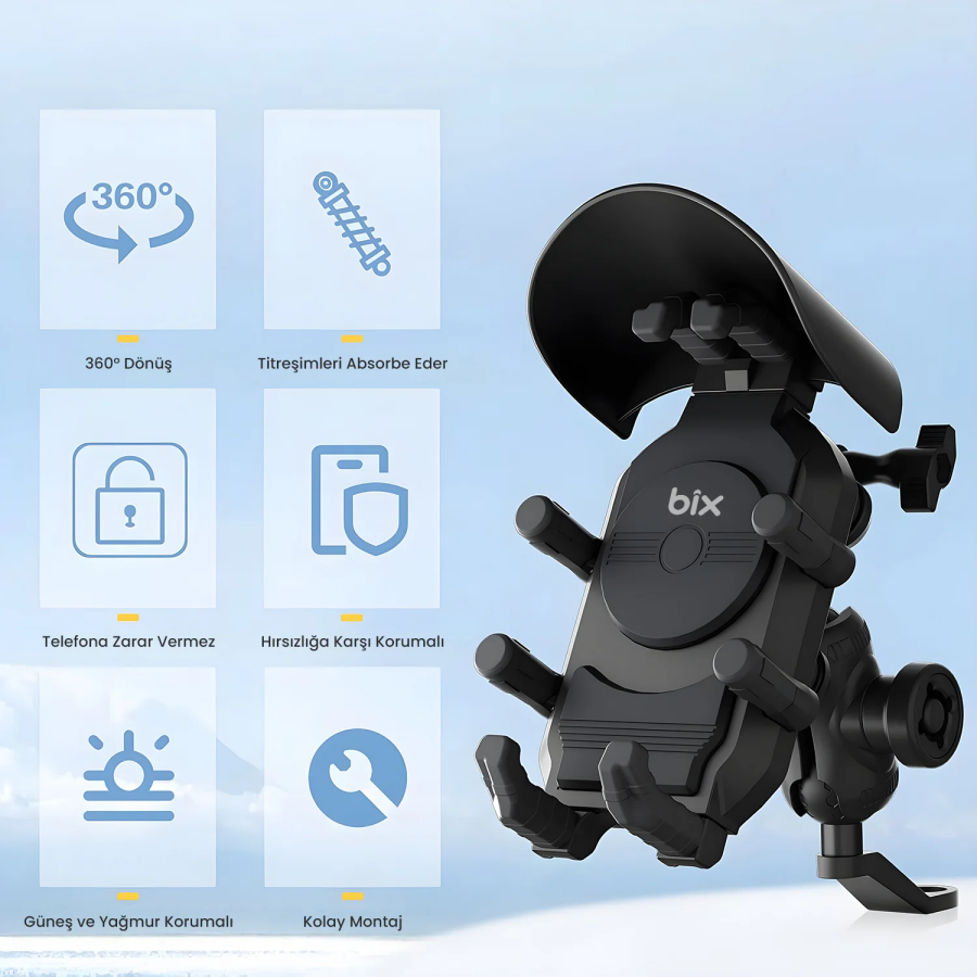 Bix BMPH05 Ayna Bağlantılı Güneş ve Yağmur Korumalı 360° Ayarlanabilir Motosiklet Telefon Tutucu - 6