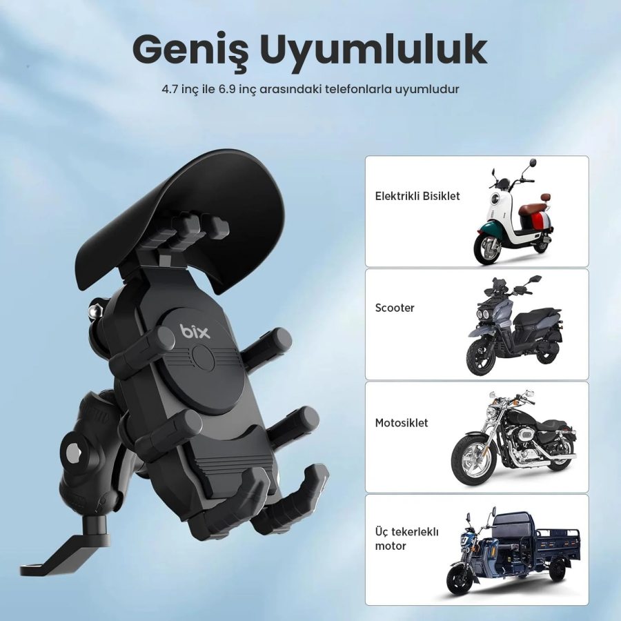 Bix BMPH05 Ayna Bağlantılı Güneş ve Yağmur Korumalı 360° Ayarlanabilir Motosiklet Telefon Tutucu - 10