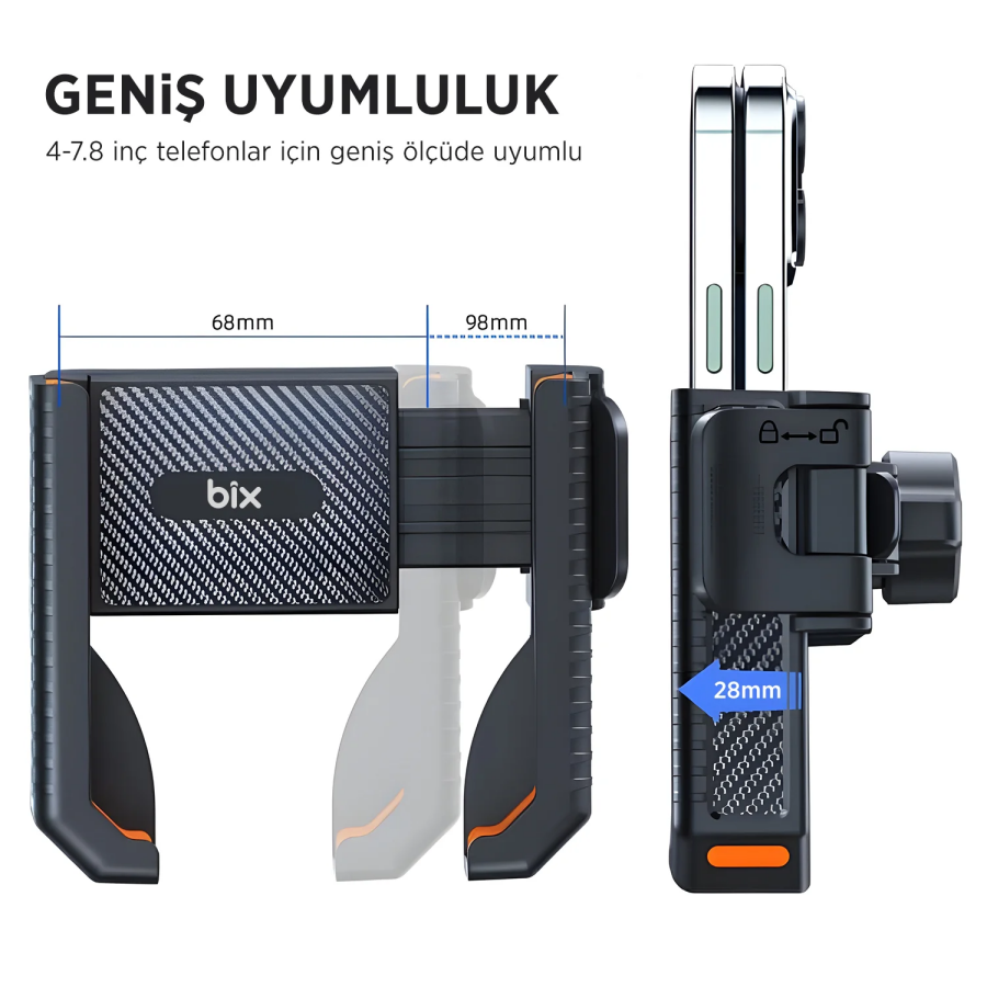 Bix BPH01 Gidon Bağlantılı 360° Dönebilen Titreşim Önleyici Bisiklet ve Motosiklet Telefon Tutucu - 6