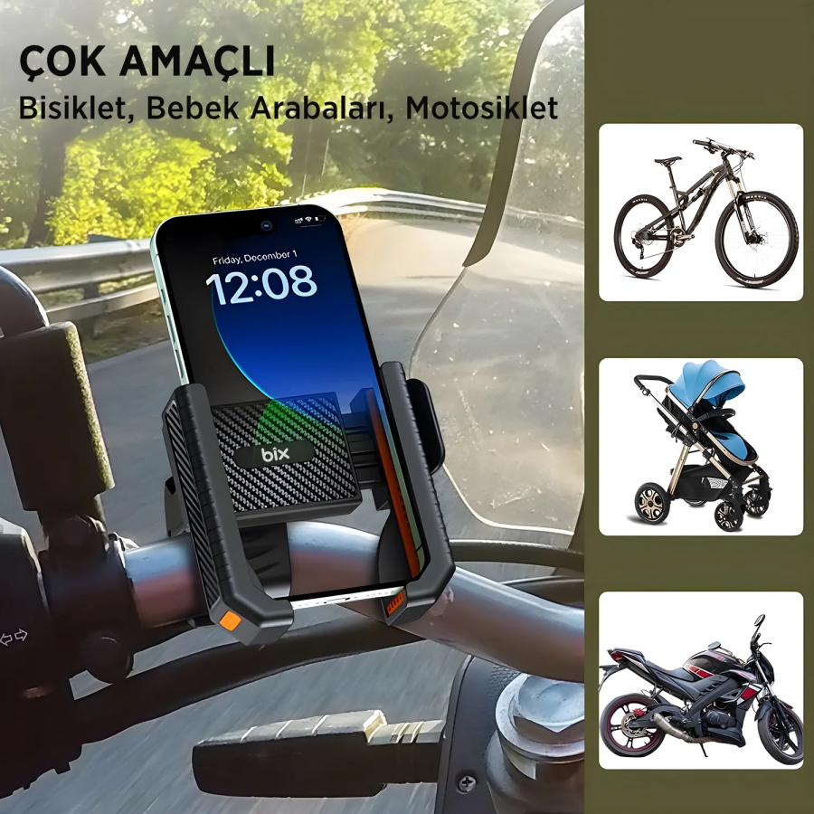 Bix BPH01 Gidon Bağlantılı 360° Dönebilen Titreşim Önleyici Bisiklet ve Motosiklet Telefon Tutucu - 8