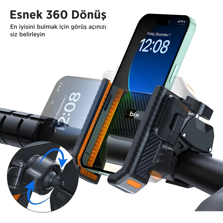 Bix BPH01 Gidon Bağlantılı 360° Dönebilen Titreşim Önleyici Bisiklet ve Motosiklet Telefon Tutucu - 7