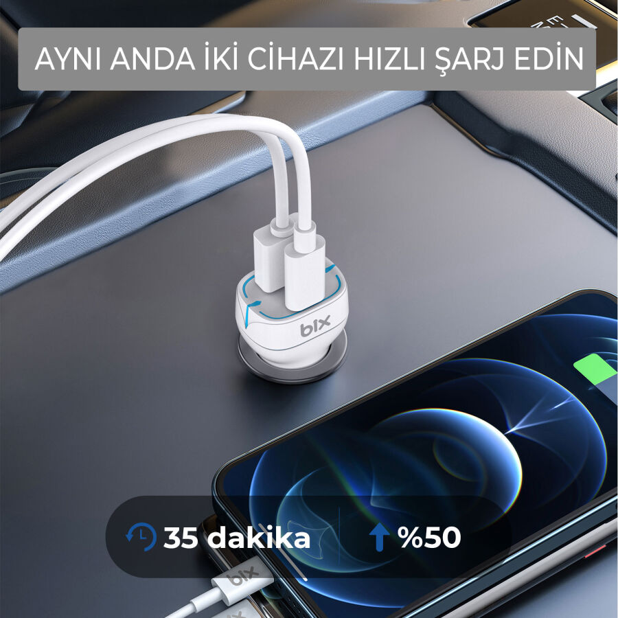 Bix BX-CCP36WT 36W QC 3.0 USB PD Araç İçi Hızlı Şarj Adaptörü Beyaz - 9
