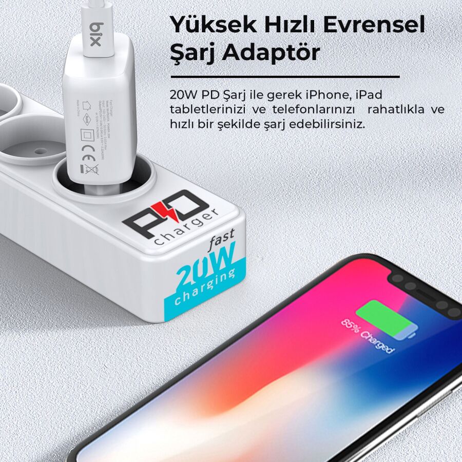 Bix BX-CL20TA 20W PD Hızlı Şarj Adaptörü + 3A USB-C'den Lightning Kablo - 4