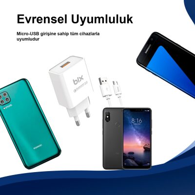 Bix BX-M18QTA 18W Qualcomm 3.0 Hızlı Şarj Adaptörü ve Micro USB Şarj Kablosu 1 Metre - 5