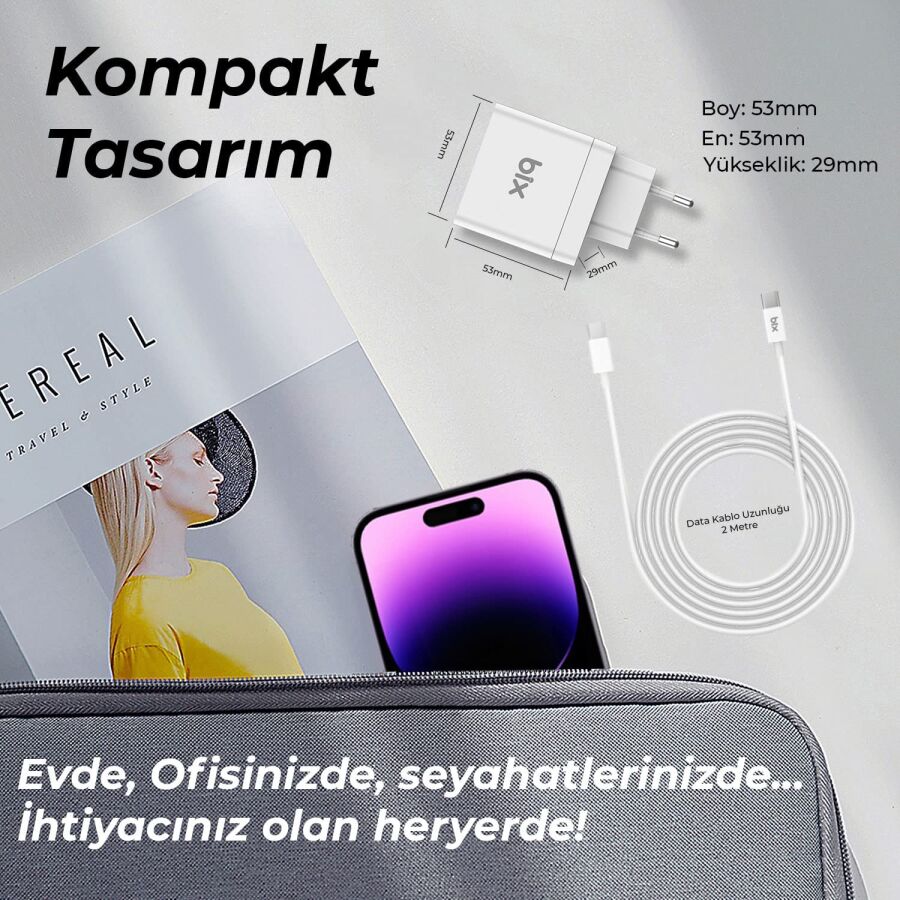 Bix BX-UC65WFTA 65W PD Hızlı Şarj Adaptörü ve E-Mark Çipli 2 Metre USB-C Kablo - 8