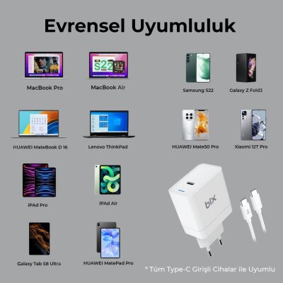Bix BX-UC65WFTA 65W PD Hızlı Şarj Adaptörü ve E-Mark Çipli 2 Metre USB-C Kablo - 2