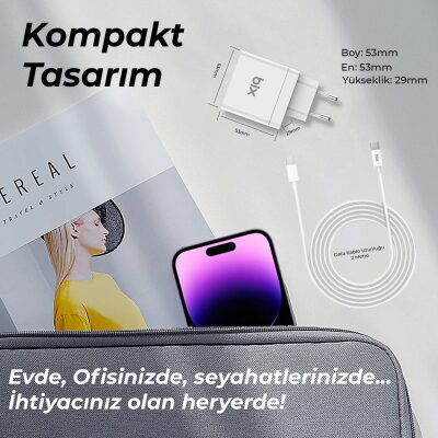 Bix BX-UC65WFTA 65W PD Hızlı Şarj Adaptörü ve E-Mark Çipli 2 Metre USB-C Kablo - 8