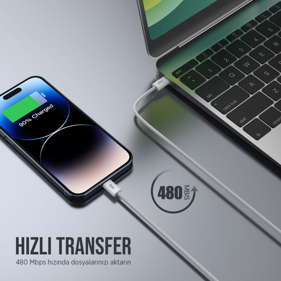 Bix BX03CL 27W Type-C to Lightning iPhone Örgülü Data ve Şarj Kablosu Beyaz 1 Metre - 5