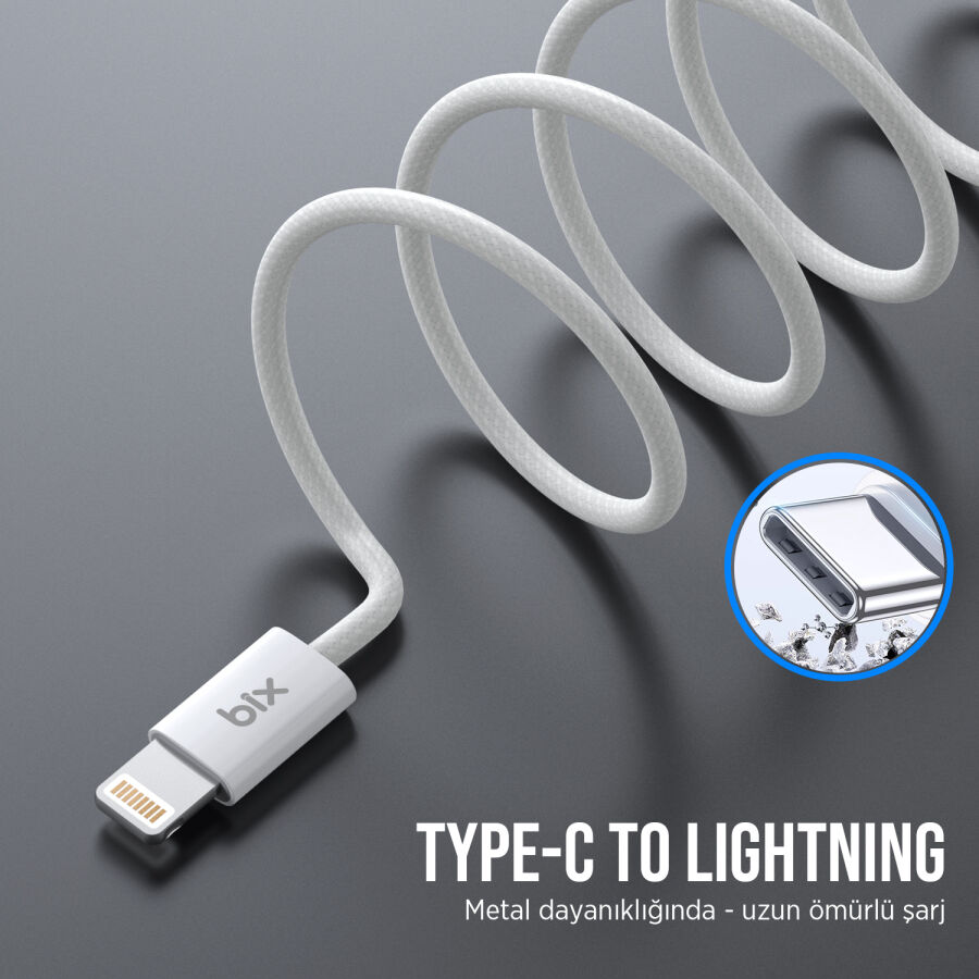 Bix BX03CL 27W Type-C to Lightning iPhone Örgülü Data ve Şarj Kablosu Beyaz 1 Metre - 6