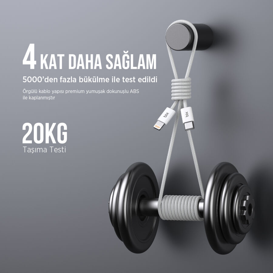 Bix BX03CL 27W Type-C to Lightning iPhone Örgülü Data ve Şarj Kablosu Beyaz 1 Metre - 7