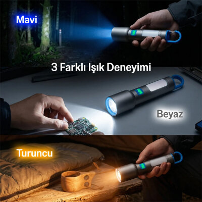 Bix BX1010FL 3 Renk LED Beyaz Mavi Turuncu Zoom Özellikli Şarjlı El Feneri 500 Lümen 500 Menzilli COB Yan Işıklı Type-C - 5