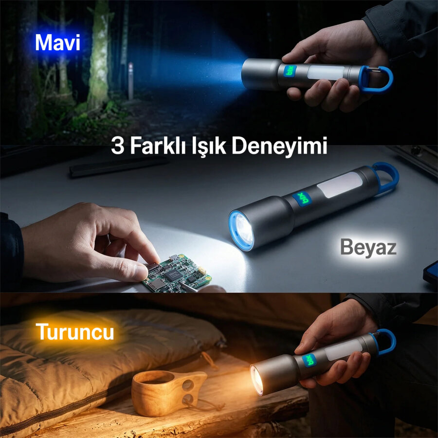 Bix BX1010FL 3 Renk LED Beyaz Mavi Turuncu Zoom Özellikli Şarjlı El Feneri 500 Lümen 500 Menzilli COB Yan Işıklı Type-C - 5