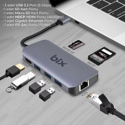 Bix BX10HB-PRO Type-C Kart Okuyucu 4K HDMI Ethernet USB PD Dönüştürücü - 2