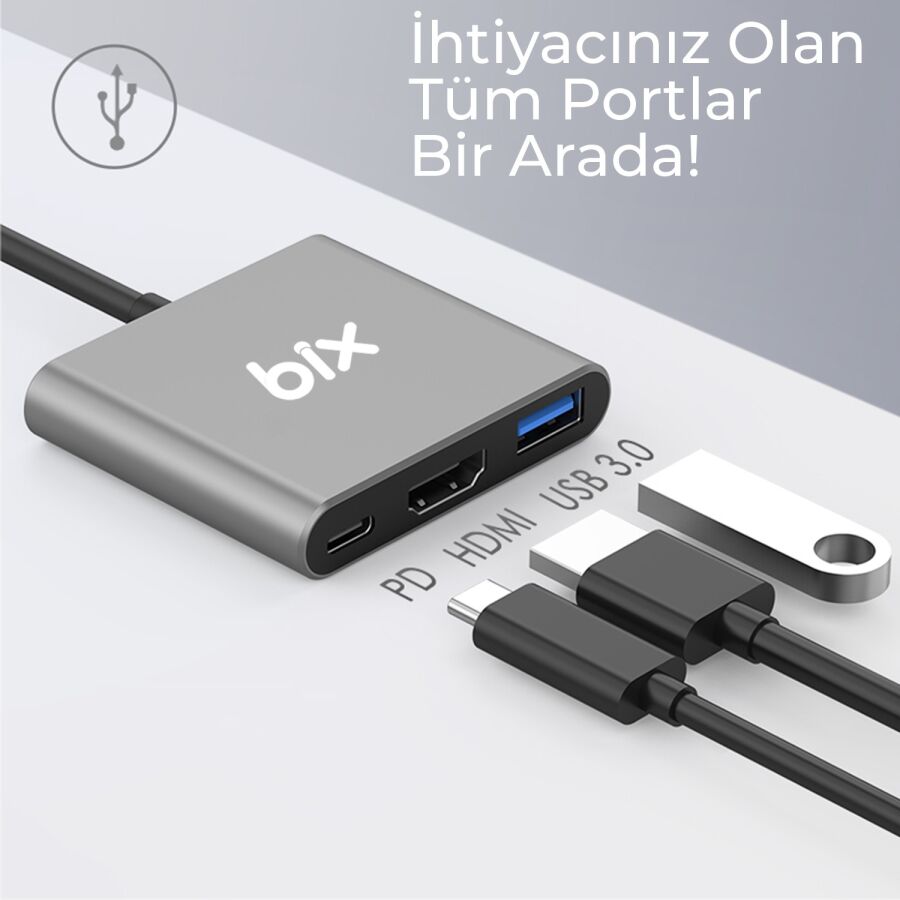 Bix BX13HB Type-C HDMI USB PD Dönüştürücü Adaptör - 5