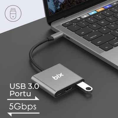 Bix BX13HB Type-C HDMI USB PD Dönüştürücü Adaptör - 2