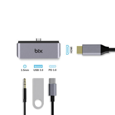 Bix BX16HB 4K HDMI Type-C Thunderbolt 3.0 Dönüştürücü Hub Macbook USB 3.5mm AUX Çevirici - 5