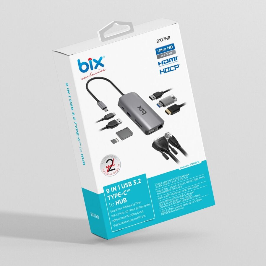 Bix BX17HB Type-C to Gigabit Ethernet HDMI PD USB 3.2 Micro SD/SD VGA Çoklayıcı Adaptör - 9