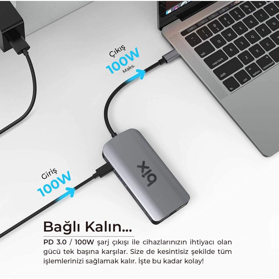 Bix BX17HB Type-C to Gigabit Ethernet HDMI PD USB 3.2 Micro SD/SD VGA Çoklayıcı Adaptör - 3