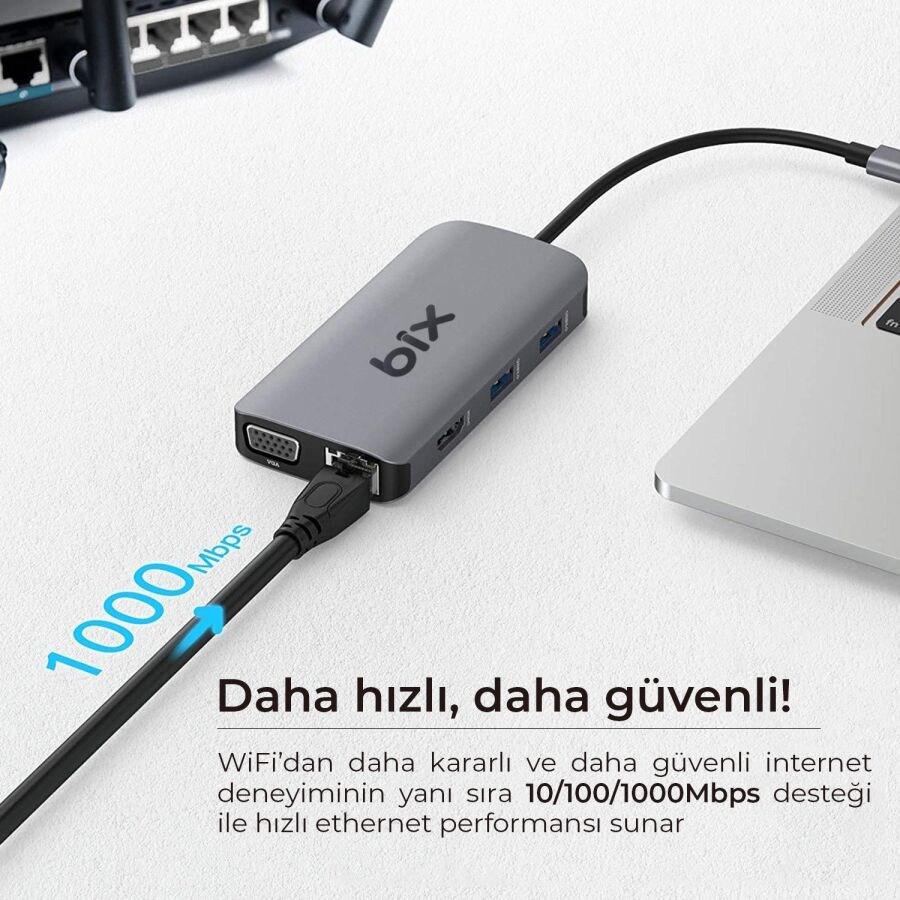 Bix BX17HB Type-C to Gigabit Ethernet HDMI PD USB 3.2 Micro SD/SD VGA Çoklayıcı Adaptör - 4